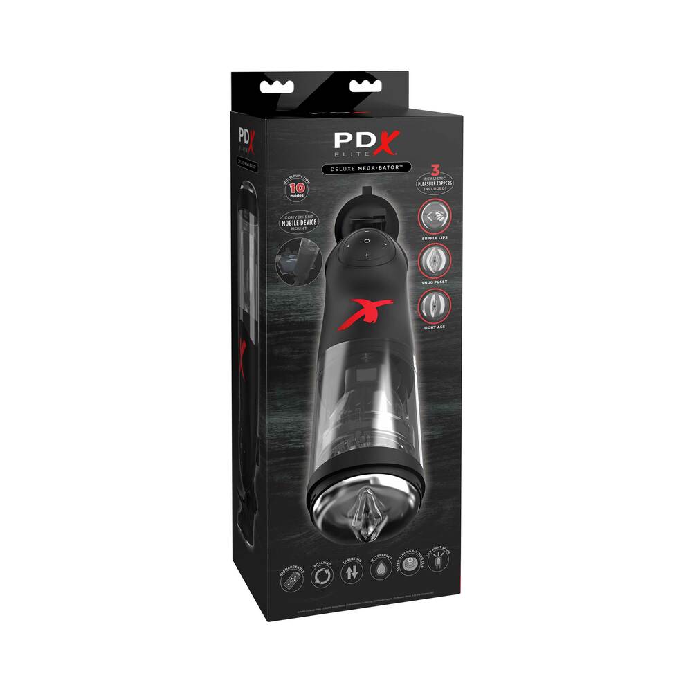 PDX Elite Deluxe Mega-Bator Rechargeable Rotating Thrusting Masturbator With Hands-Free Suction Cup Base & Interchangeable Toppers Clear/Black