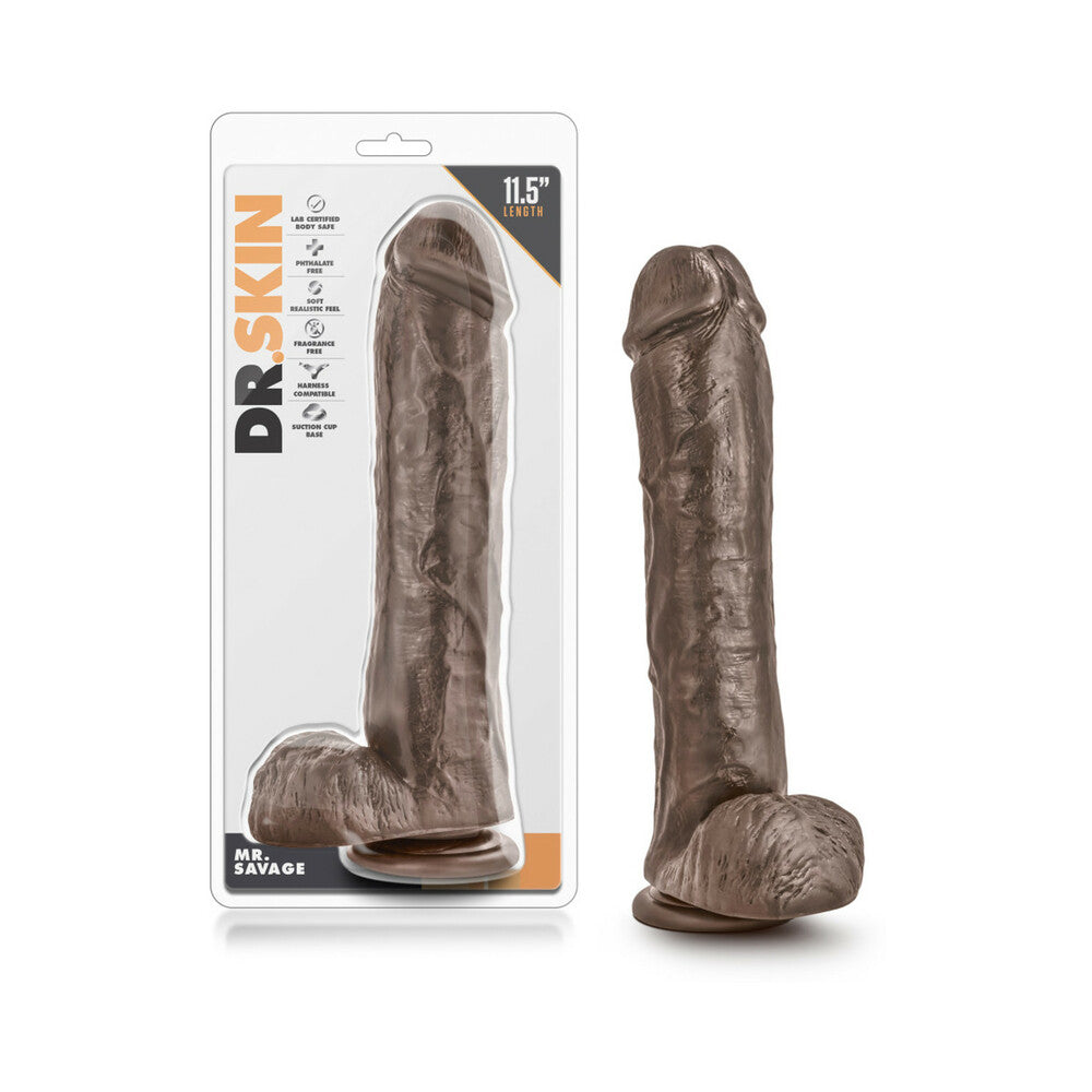 Blush Dr. Skin Mr. Savage Realistic 11.5 in. Dildo with Balls & Suction Cup Brown