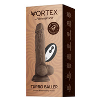 FemmeFunn Vortex Turbo Baller 2.0 Rechargeable Remote-Controlled 8.25 in. Silicone Vibrating Rotating Dildo with Balls & Suction Cup Brown