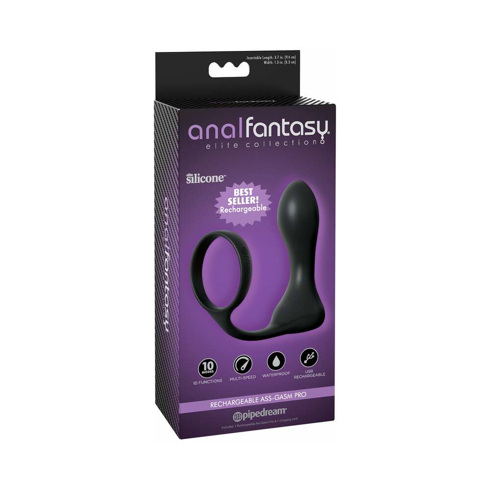 Pipedream Anal Fantasy Elite Collection Rechargeable Ass-Gasm Pro Vibrating Silicone Cockring & Plug Black