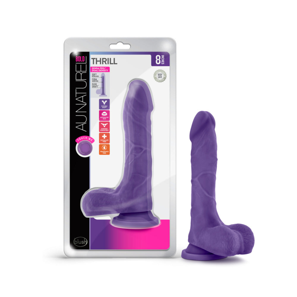 Blush Au Naturel Bold Thrill 8.5 in. Posable Dual Density Dildo with Balls & Suction Cup Purple