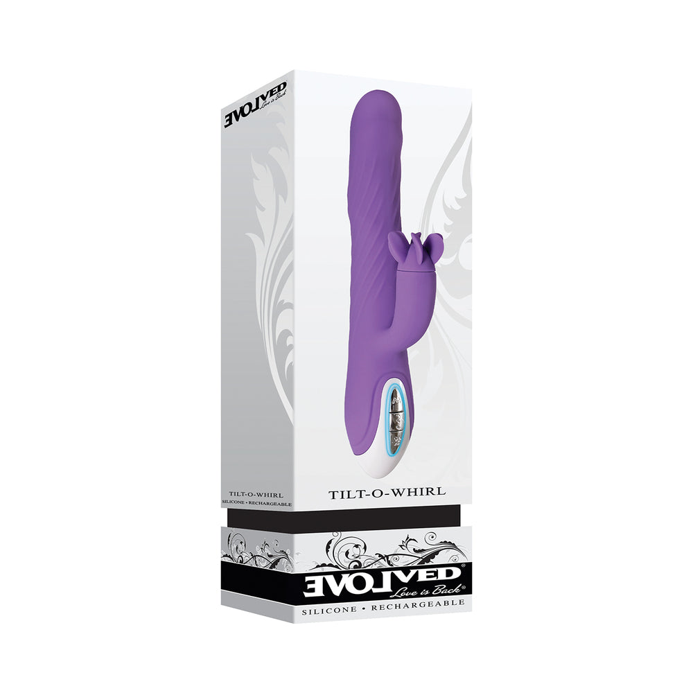 Evolved Tilt-O-Whirl Rechargeable Silicone Dual Stimulation Vibrator With Spinning Clit Stimulator Purple