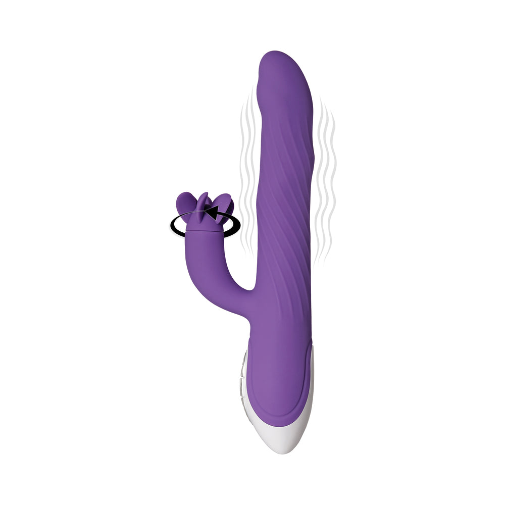 Evolved Tilt-O-Whirl Rechargeable Silicone Dual Stimulation Vibrator With Spinning Clit Stimulator Purple