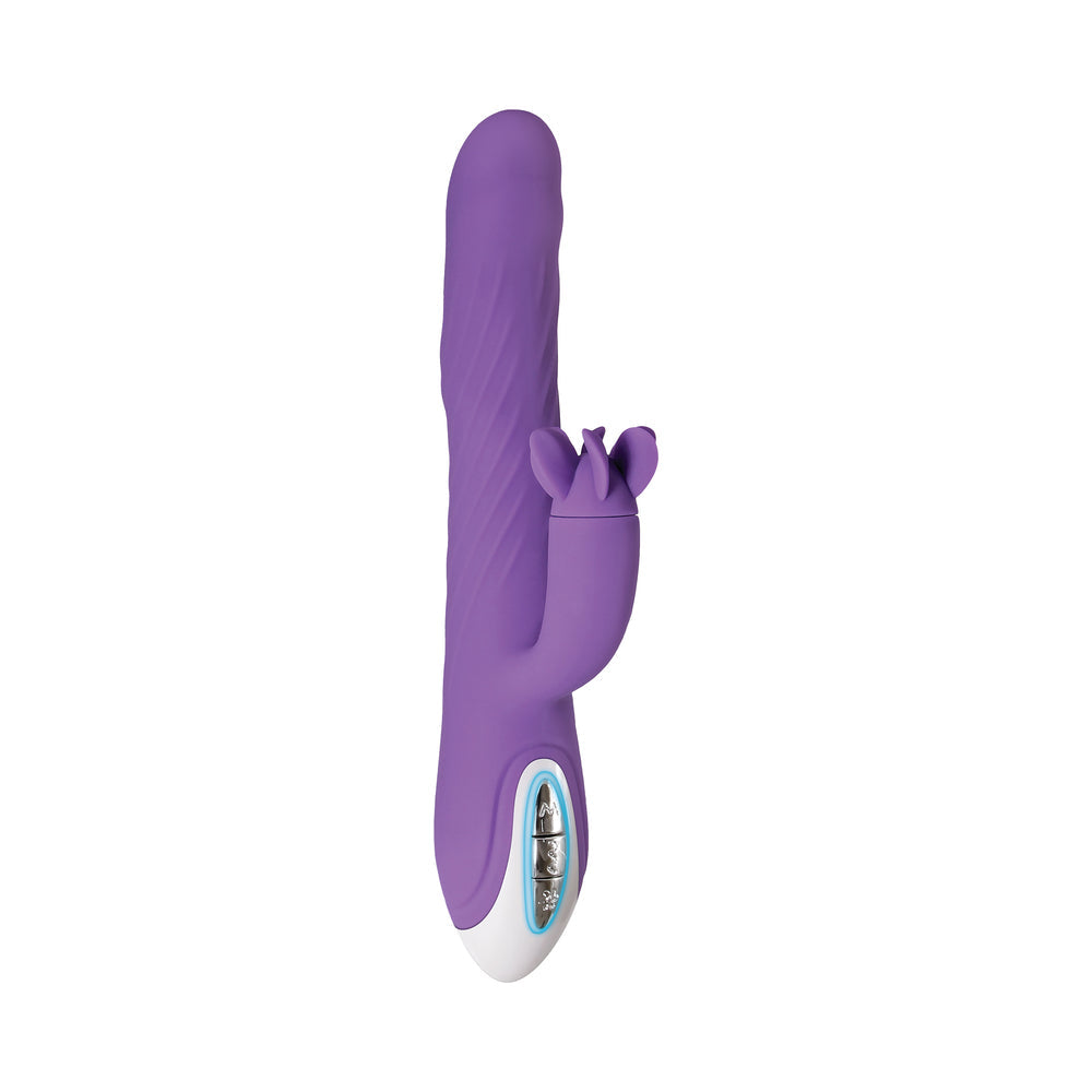 Evolved Tilt-O-Whirl Rechargeable Silicone Dual Stimulation Vibrator With Spinning Clit Stimulator Purple