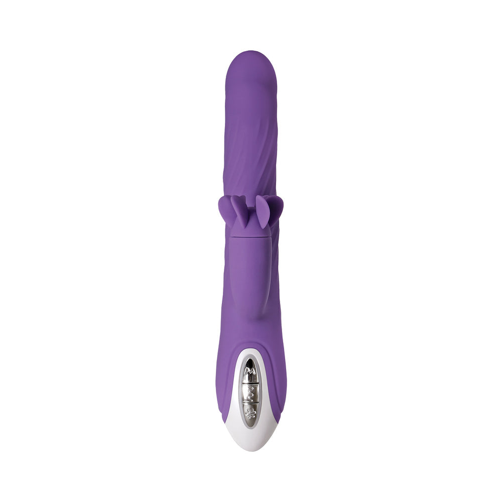 Evolved Tilt-O-Whirl Rechargeable Silicone Dual Stimulation Vibrator With Spinning Clit Stimulator Purple