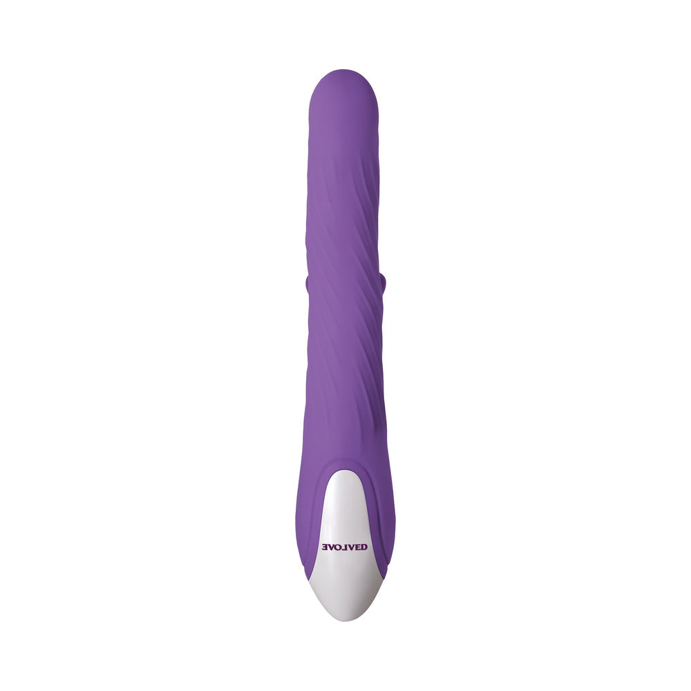 Evolved Tilt-O-Whirl Rechargeable Silicone Dual Stimulation Vibrator With Spinning Clit Stimulator Purple