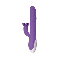 Evolved Tilt-O-Whirl Rechargeable Silicone Dual Stimulation Vibrator With Spinning Clit Stimulator Purple