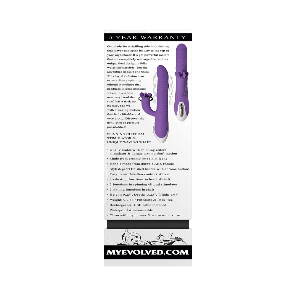 Evolved Tilt-O-Whirl Rechargeable Silicone Dual Stimulation Vibrator With Spinning Clit Stimulator Purple