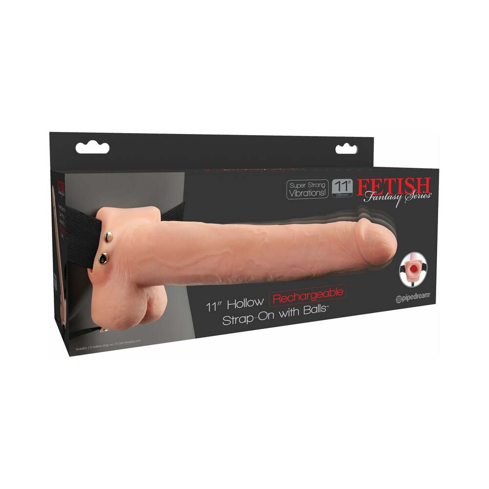 Pipedream Fetish Fantasy Series Rechargeable Vibrating 11 in. Hollow Strap-On with Balls Beige/Black