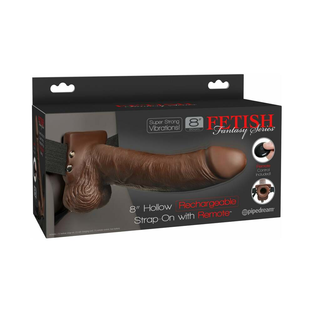 Pipedream Fetish Fantasy Series Rechargeable Remote-Controlled Vibrating 8 in. Hollow Strap-On With Balls Brown/Black