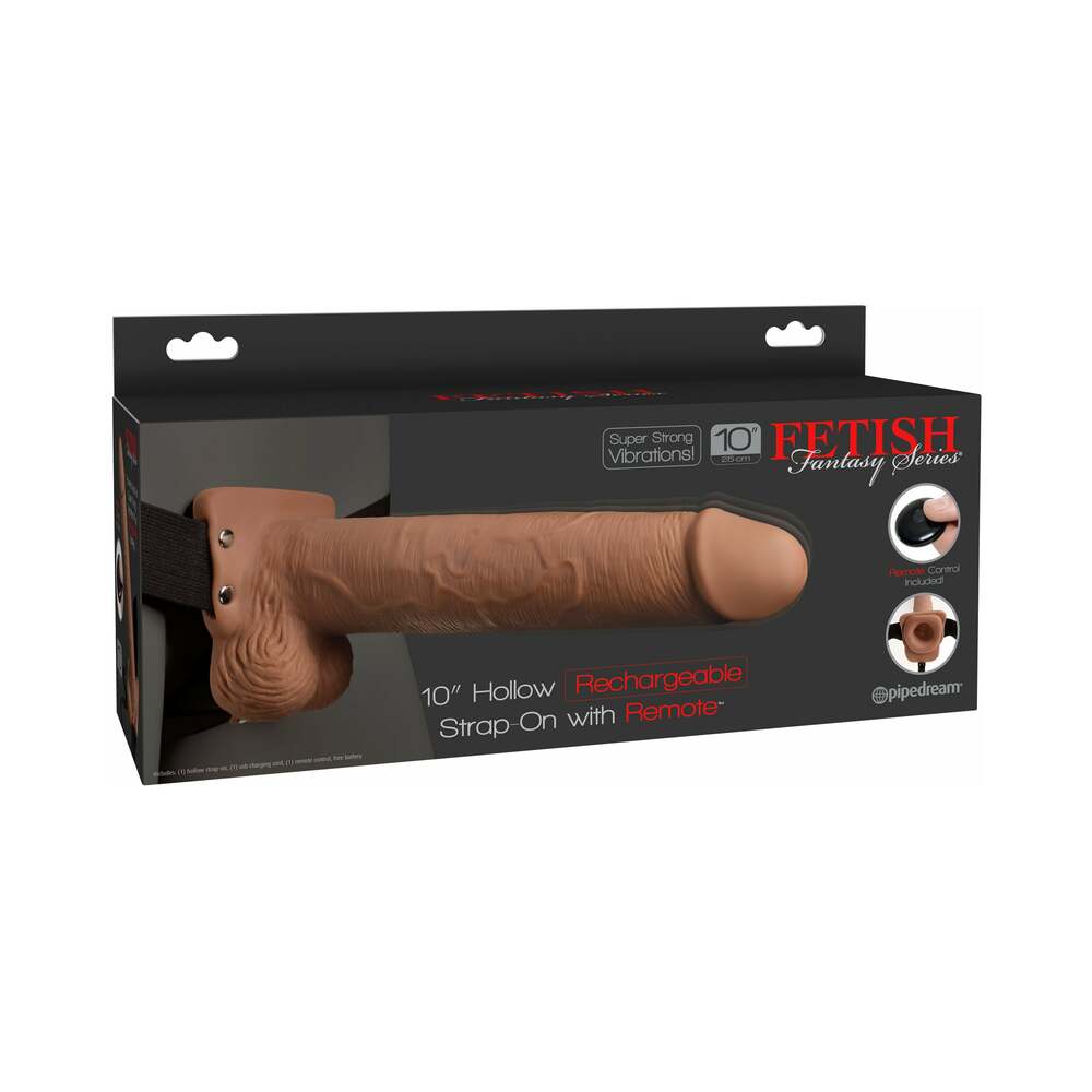 Pipedream Fetish Fantasy Series Rechargeable Remote-Controlled Vibrating 10 in. Hollow Strap-On With Balls Tan/Black
