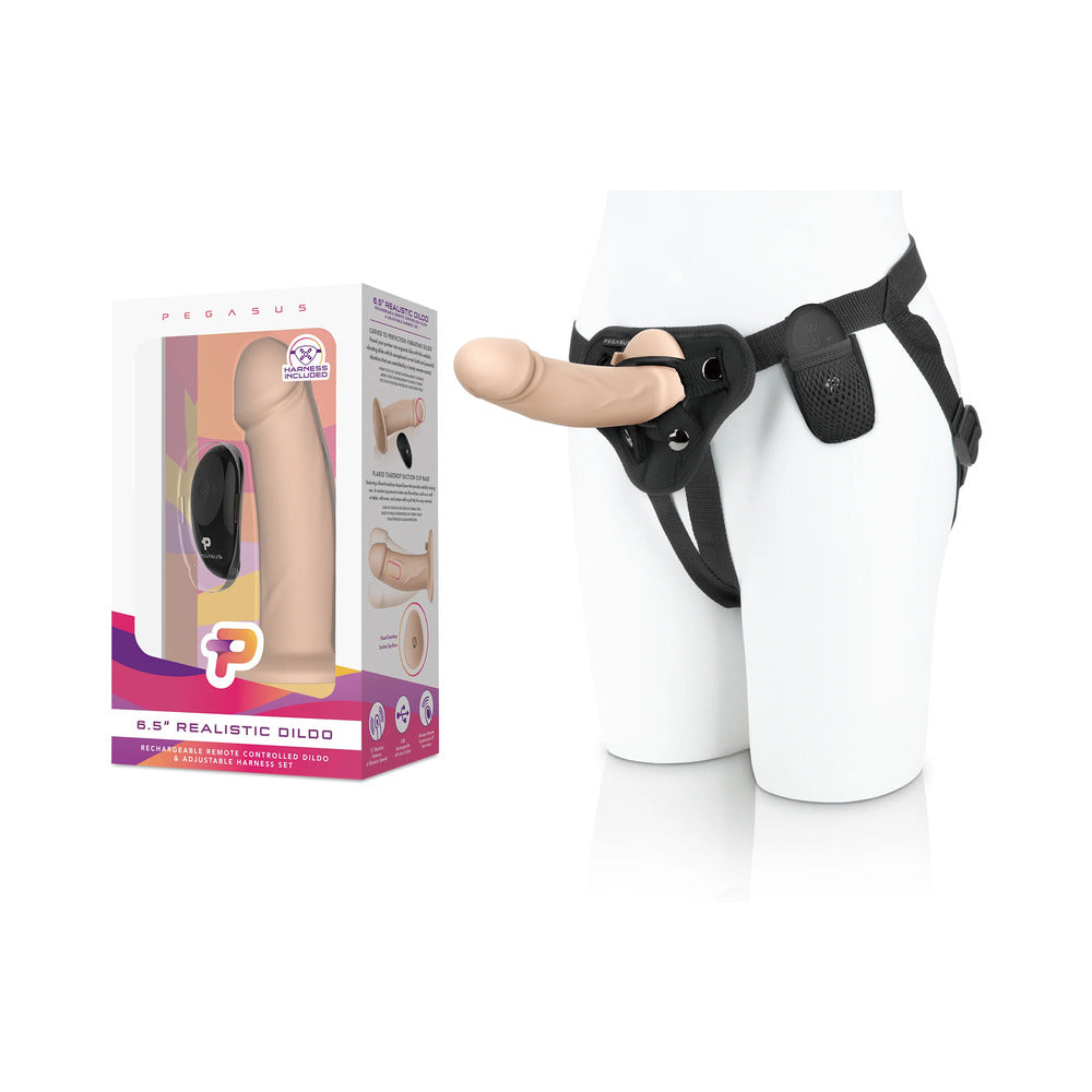 Pegasus 6.5 in. Realistic Peg Rechargeable Remote-Controlled Silicone Dildo & Adjustable Harness Set Beige