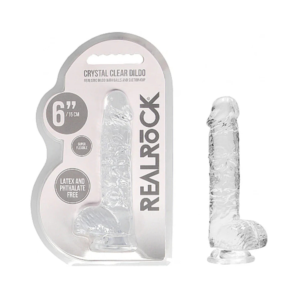 RealRock Crystal Clear Realistic 6 in. Dildo With Balls and Suction Cup Clear