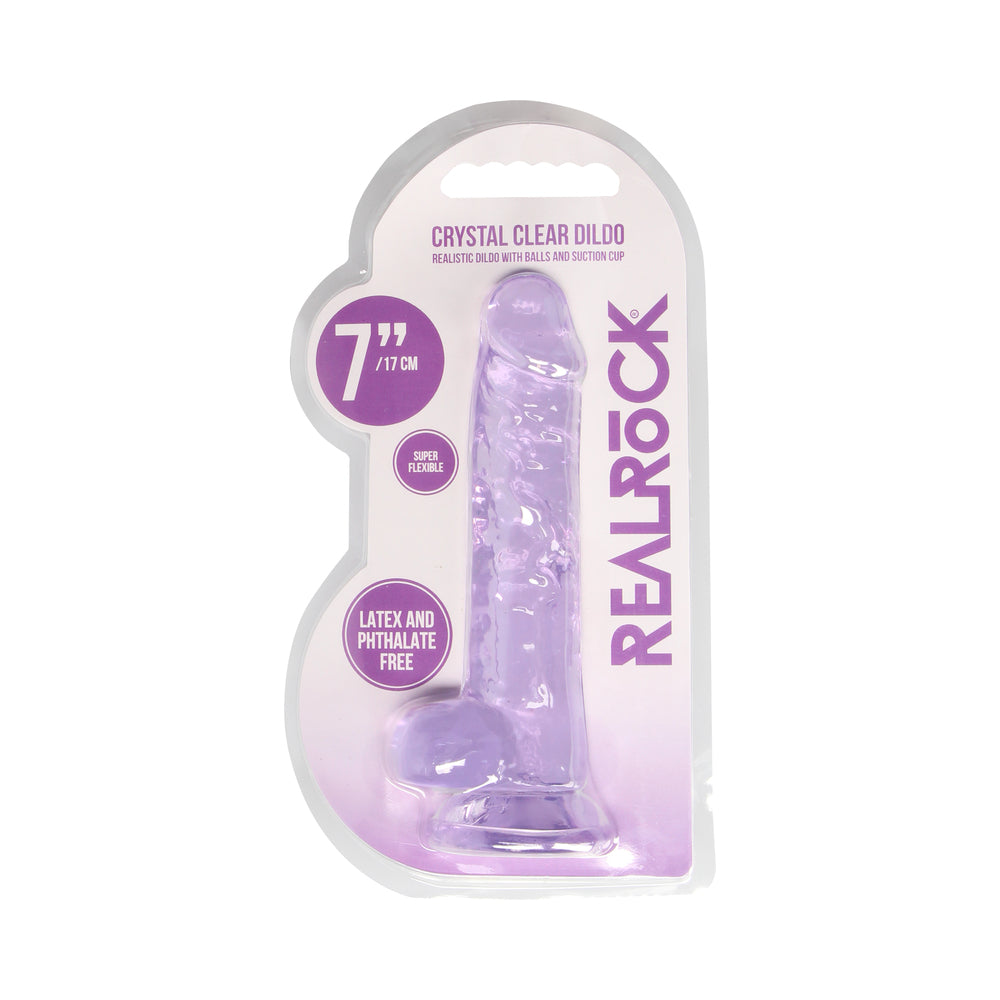 RealRock Crystal Clear Realistic 7 in. Dildo With Balls and Suction Cup Purple