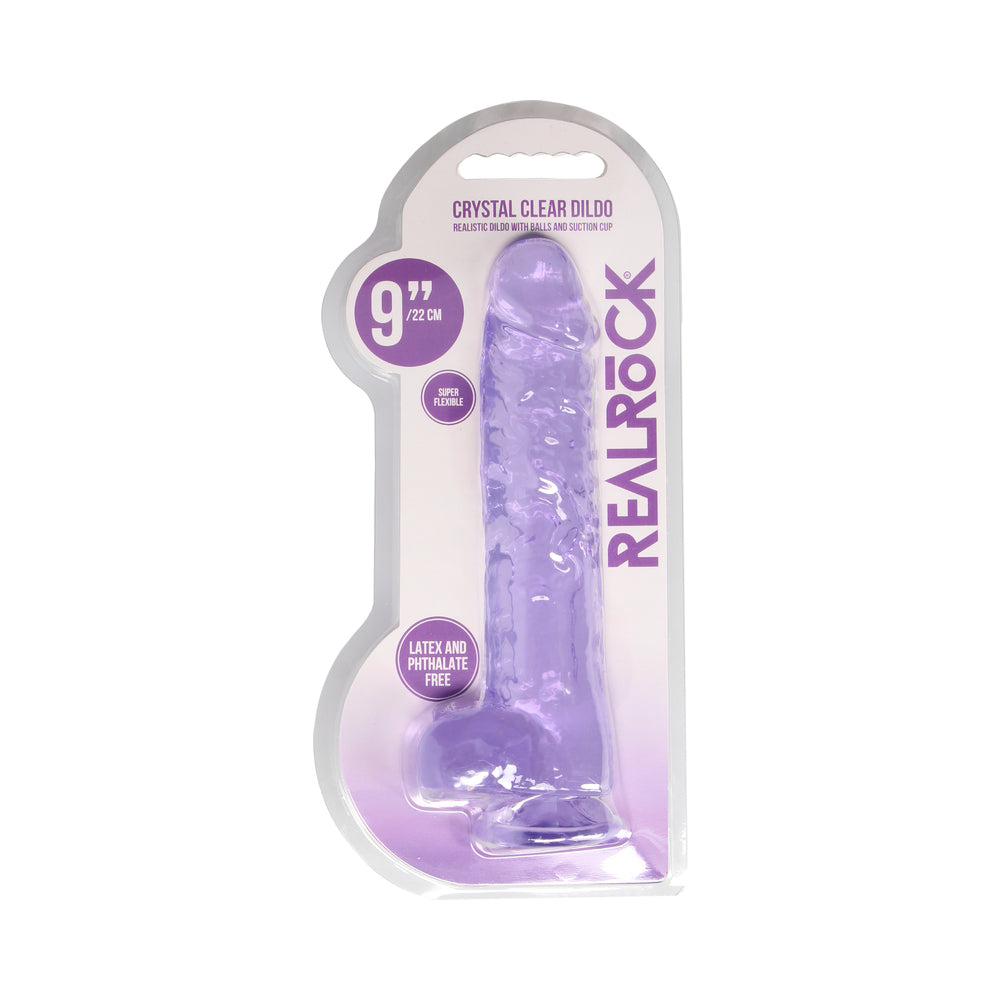 RealRock Crystal Clear Realistic 9 in. Dildo With Balls and Suction Cup Purple