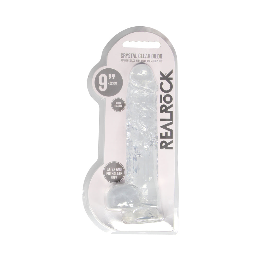 RealRock Crystal Clear Realistic 9 in. Dildo With Balls and Suction Cup Clear