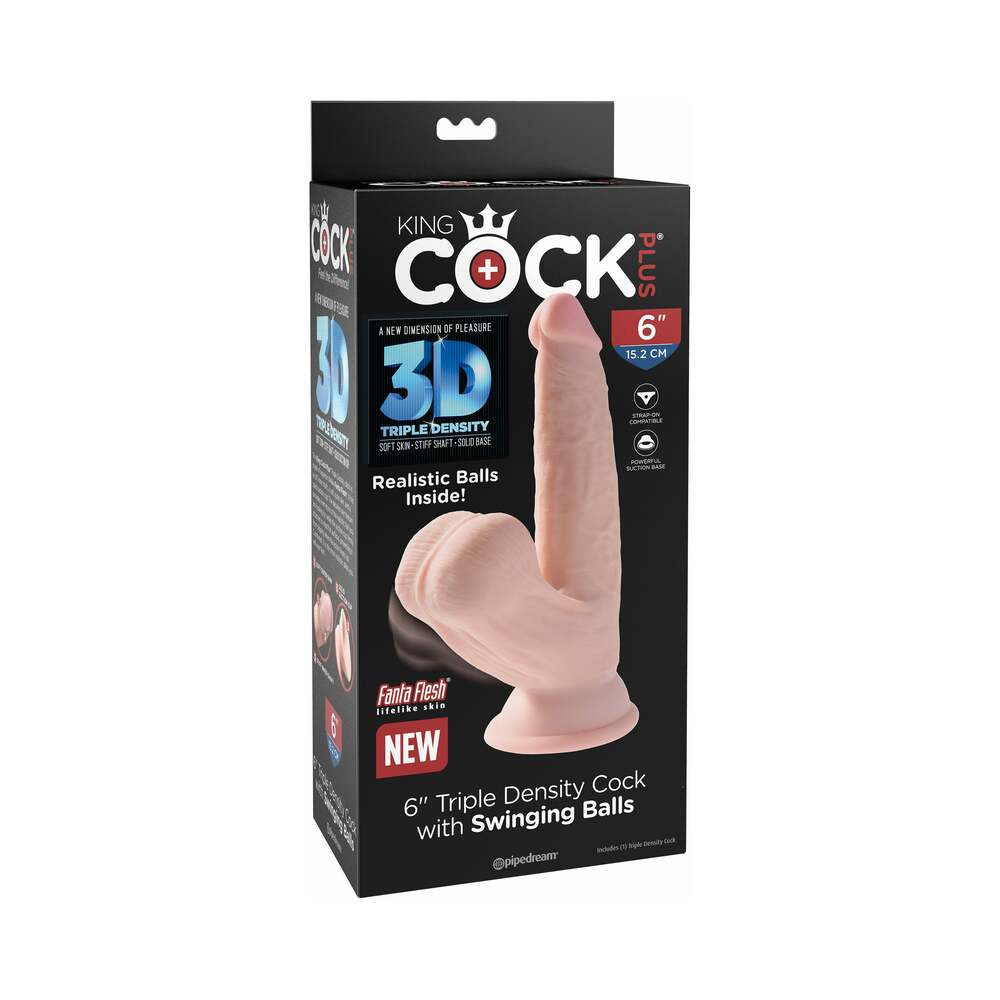 Pipedream King Cock Plus 6 in. Triple Density Cock With Swinging Balls Realistic Suction Cup Dildo Beige