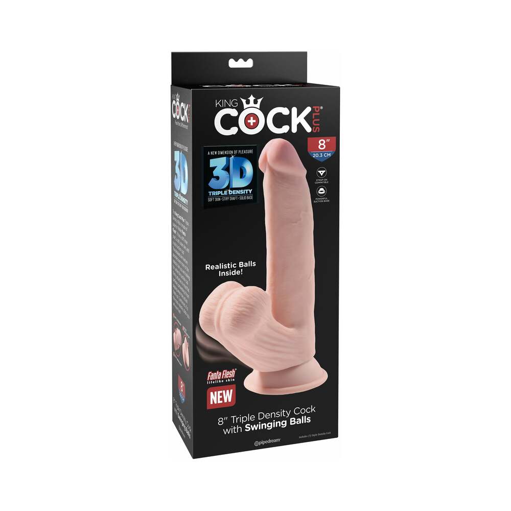 Pipedream King Cock Plus 8 in. Triple Density Cock With Swinging Balls Realistic Suction Cup Dildo Beige