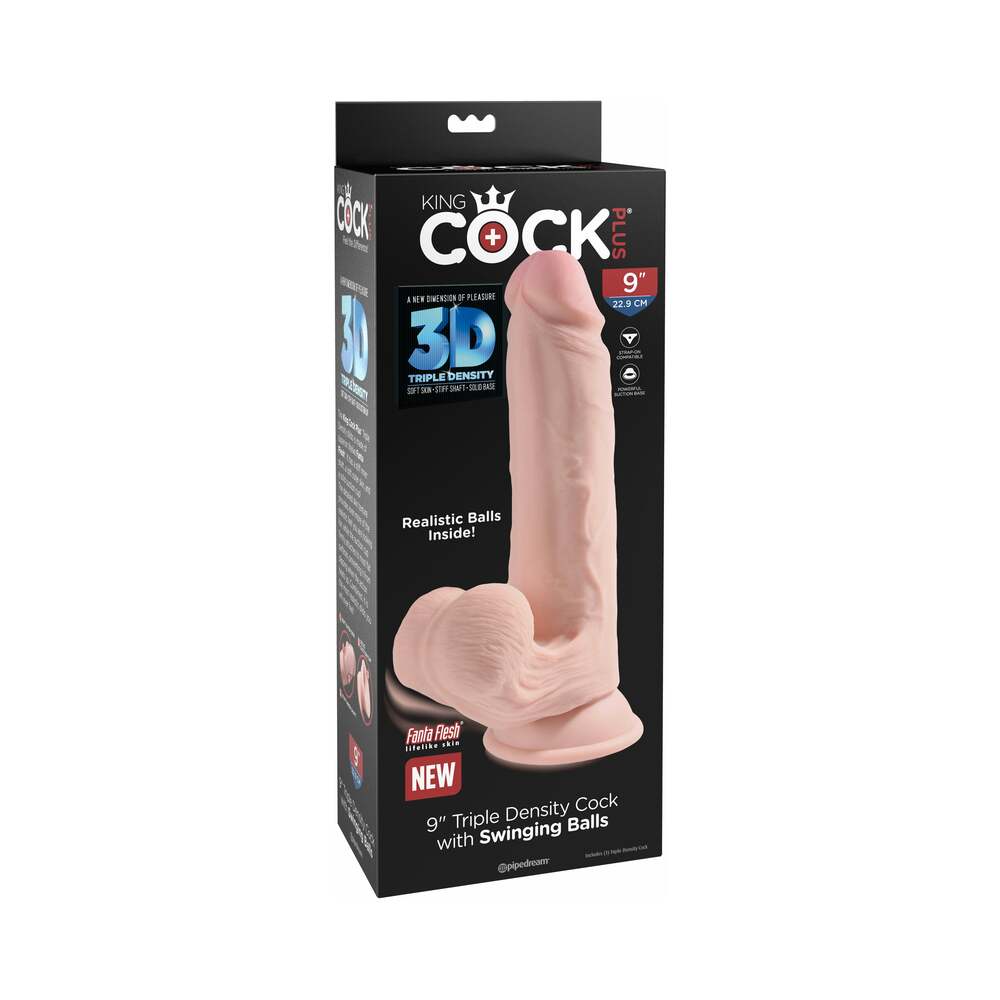 Pipedream King Cock Plus 9 in. Triple Density Cock With Swinging Balls Realistic Suction Cup Dildo Beige