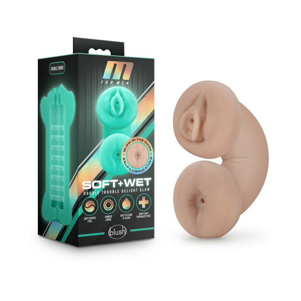 Blush M for Men Soft + Wet Double Trouble Glow in the Dark Self-Lubricating Dual Entry Stroker Beige