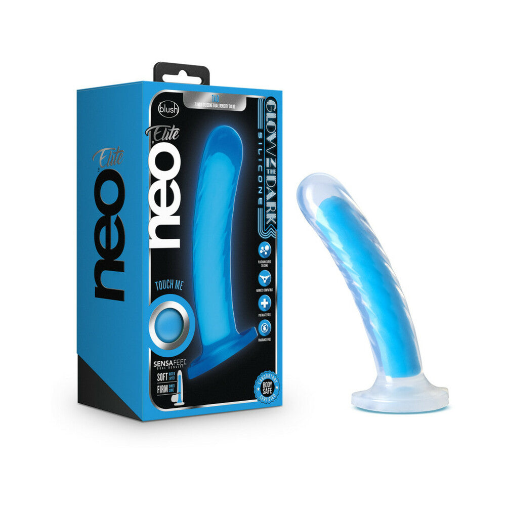 Blush Neo Elite Glow in the Dark Tao 7 in. Dual Density Dildo with Suction Cup Neon Blue