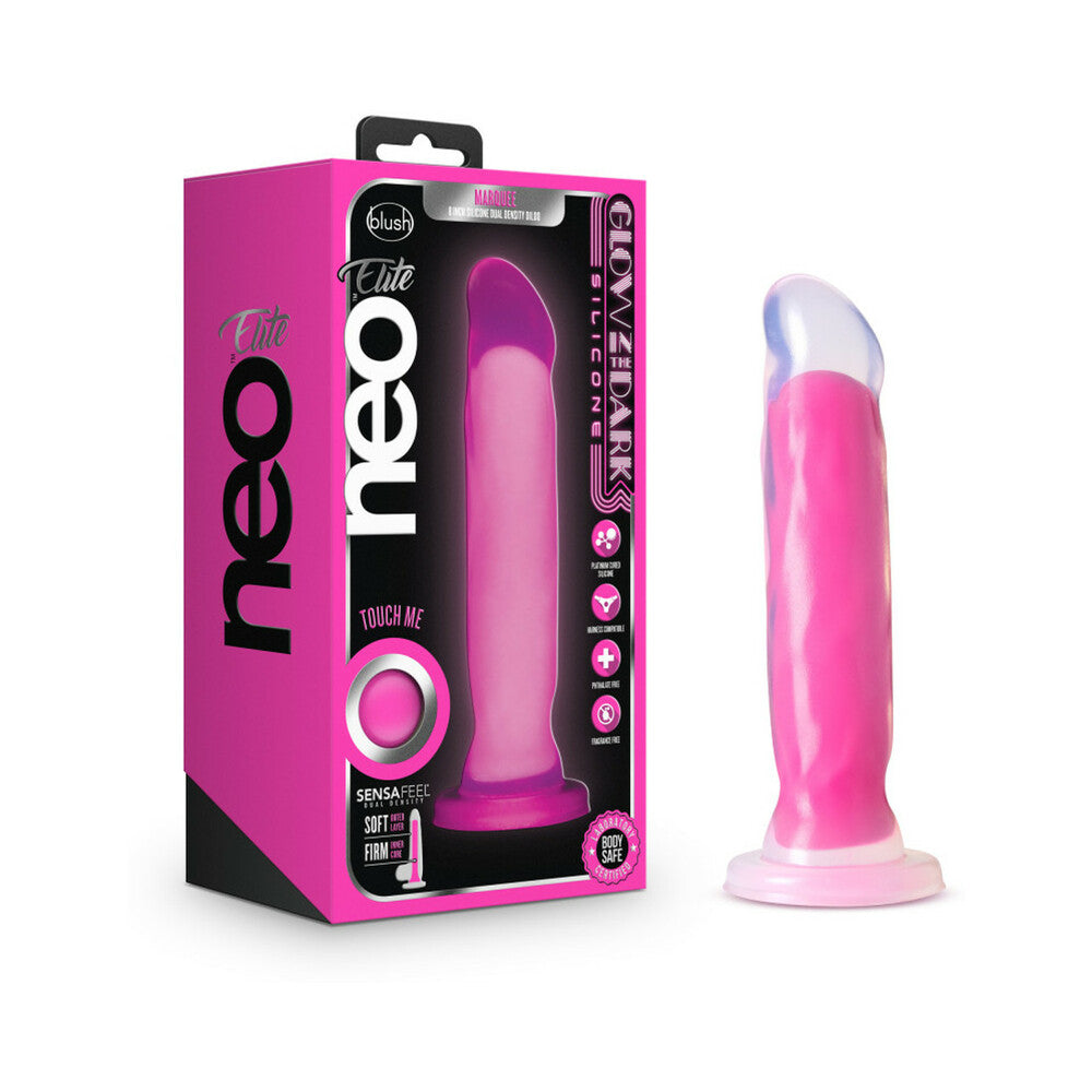 Blush Neo Elite Glow in the Dark Marquee 8 in. Silicone Dual Density Dildo with Suction Cup Neon Pink