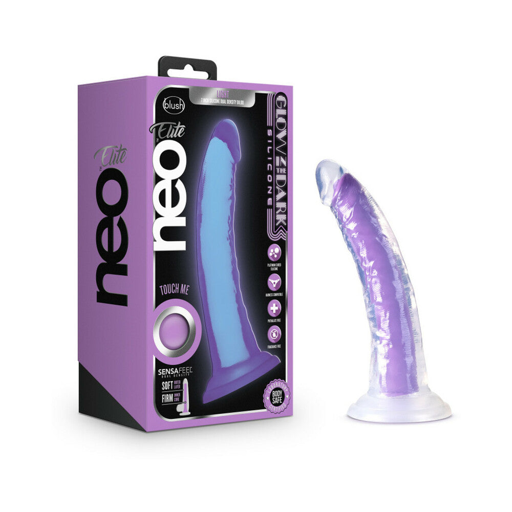 Blush Neo Elite Glow in the Dark Light 7 in. Silicone Dual Density Dildo with Suction Cup Neon Purple