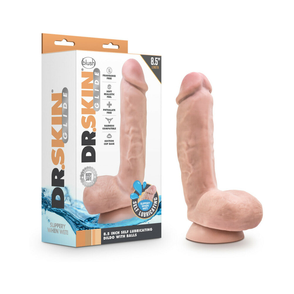 Blush Dr. Skin Glide Realistic 8.5 in. Self-Lubricating Dildo with Balls & Suction Cup Beige