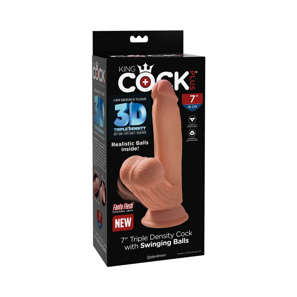 Pipedream King Cock Plus 7 in. Triple Density Cock With Swinging Balls Realistic Suction Cup Dildo Tan