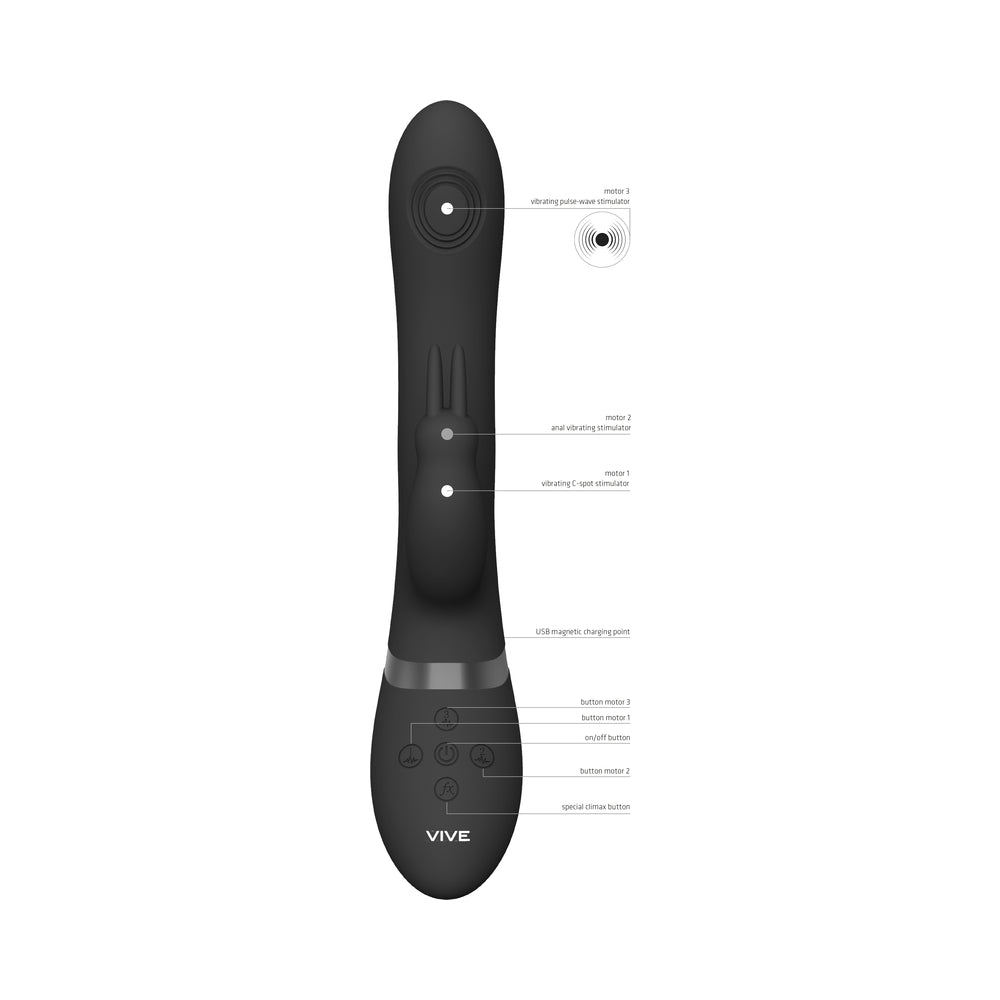 VIVE RINI Rechargeable Triple-Motor Pulse-Wave Dual Entry Silicone Rabbit Vibrator Black