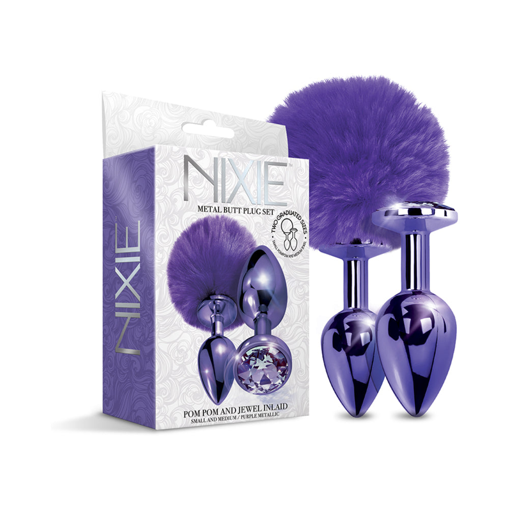 NIXIE Metal Butt Plug Set with Pom & Jewel