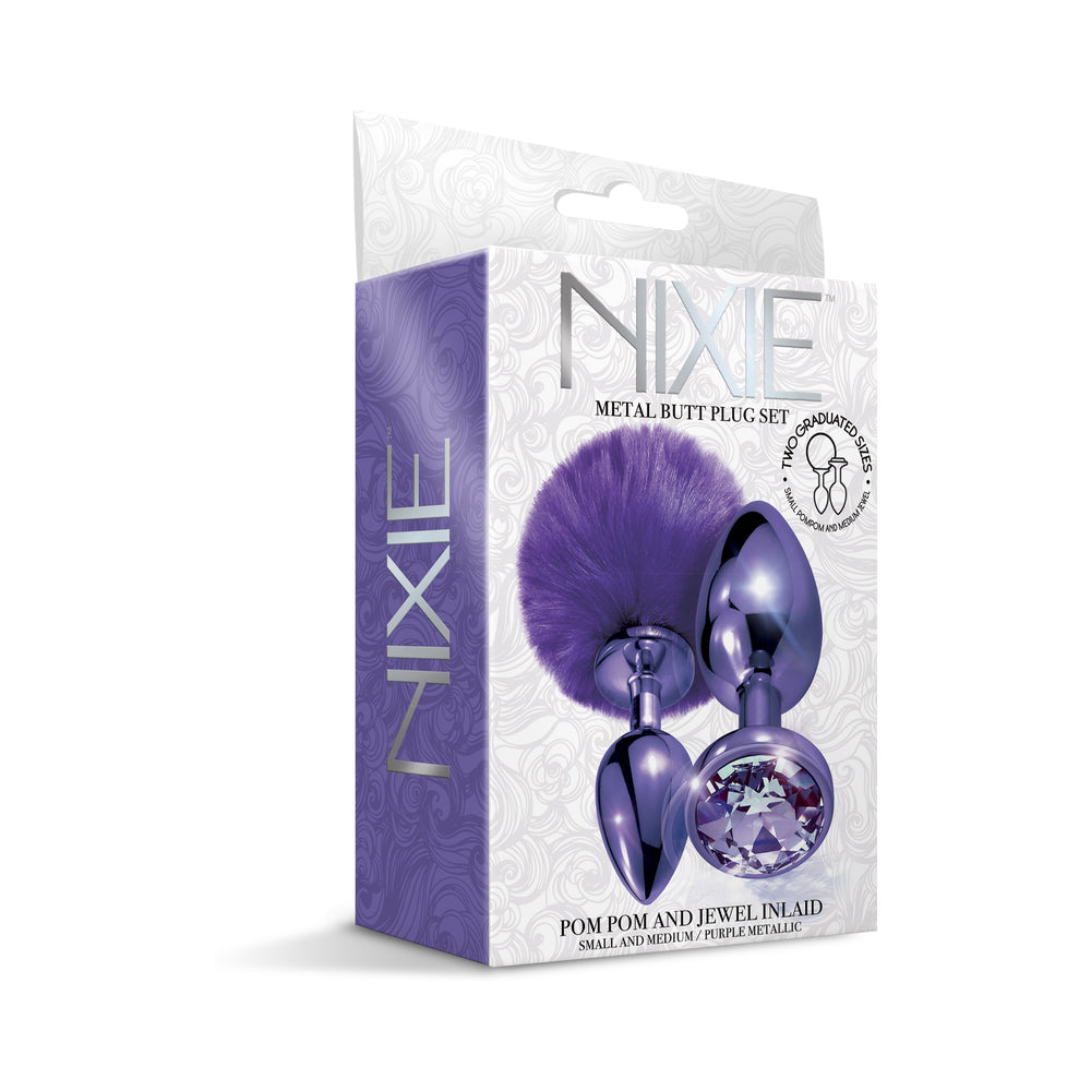 NIXIE Metal Butt Plug Set with Pom & Jewel
