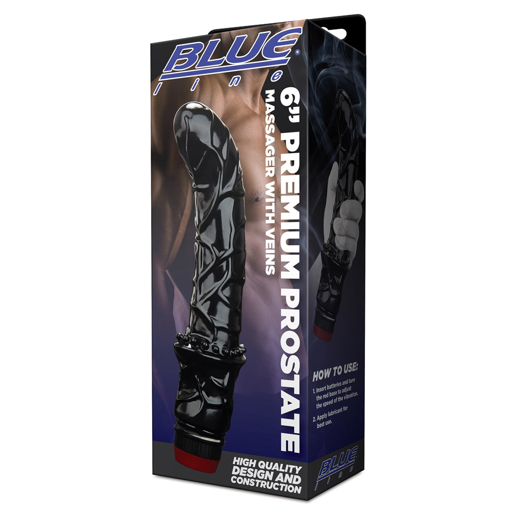 Blue Line 6 in. Premium Prostate Massager with Veins Vibrating Dildo Black