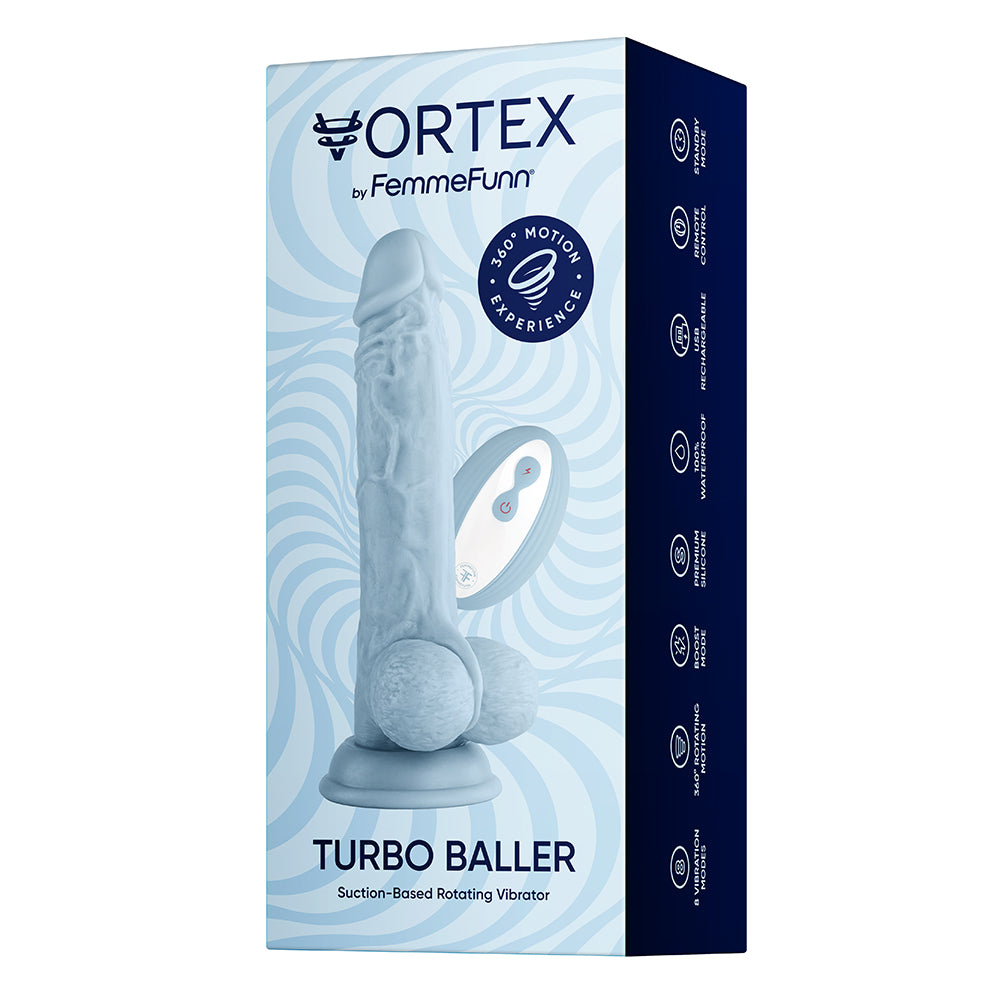 FemmeFunn Vortex Turbo Baller 2.0 Rechargeable Remote-Controlled 8.25 in. Silicone Vibrating Rotating Dildo with Balls & Suction Cup Light Blue