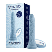 FemmeFunn Vortex Turbo Shaft 2.0 Rechargeable Remote-Controlled 8 in. Silicone Vibrating Rotating Dildo with Suction Cup Light Blue