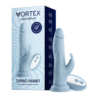 FemmeFunn Vortex Turbo Rabbit 2.0 Rechargeable Remote-Controlled Realistic 8 in. Silicone Dual Stimulation Vibrating Dildo with Suction Cup Light Blue