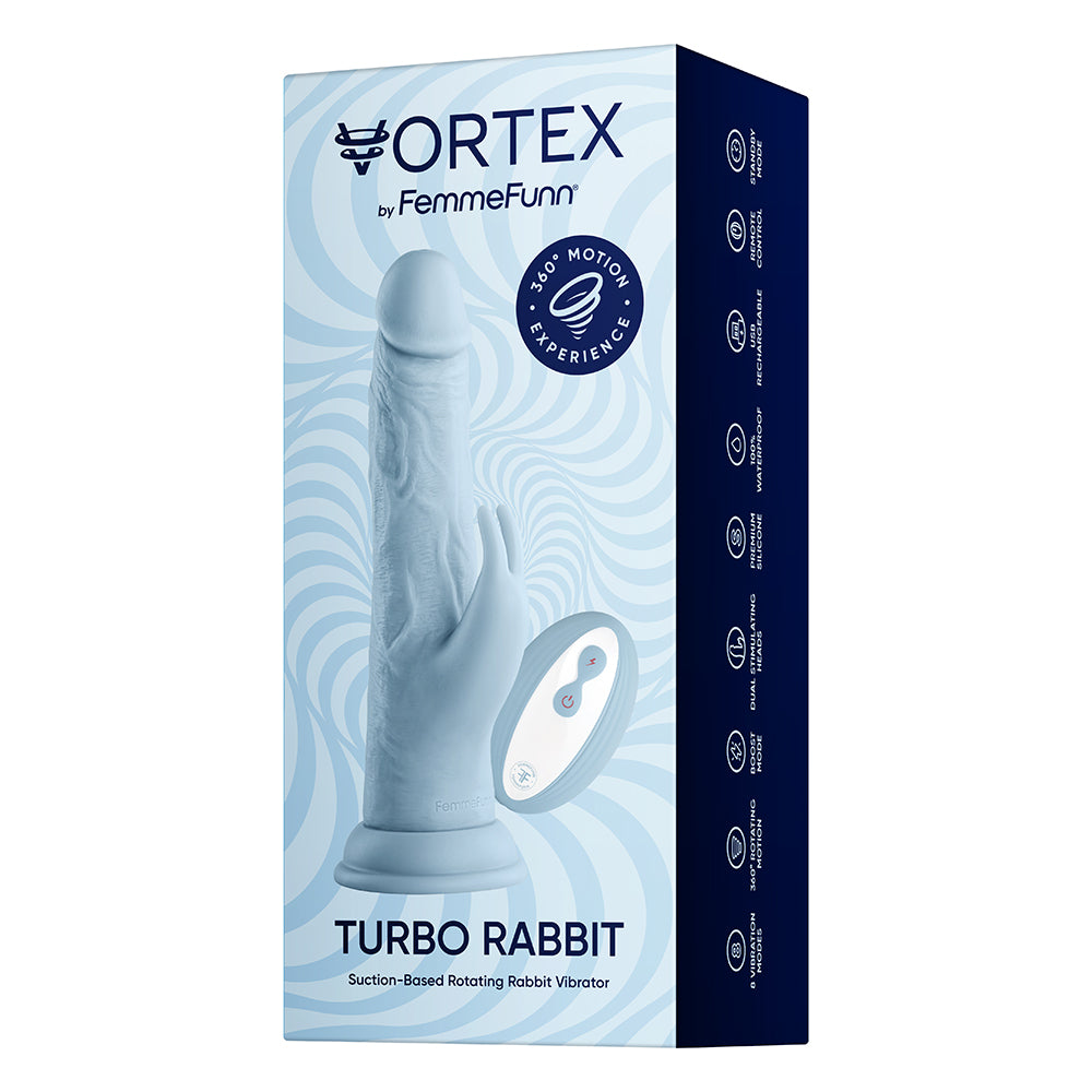 FemmeFunn Vortex Turbo Rabbit 2.0 Rechargeable Remote-Controlled Realistic 8 in. Silicone Dual Stimulation Vibrating Dildo with Suction Cup Light Blue