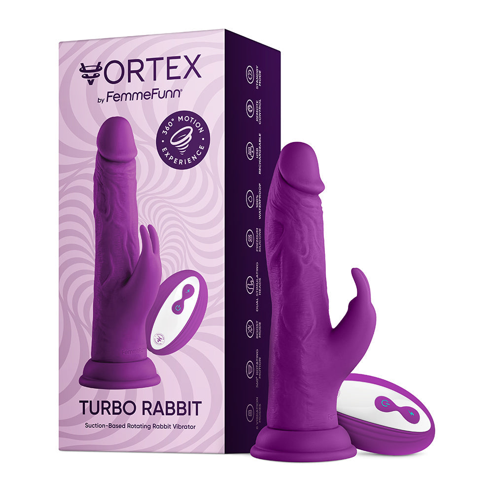 FemmeFunn Vortex Turbo Rabbit 2.0 Rechargeable Remote-Controlled Realistic 8 in. Silicone Dual Stimulation Vibrating Dildo with Suction Cup Purple