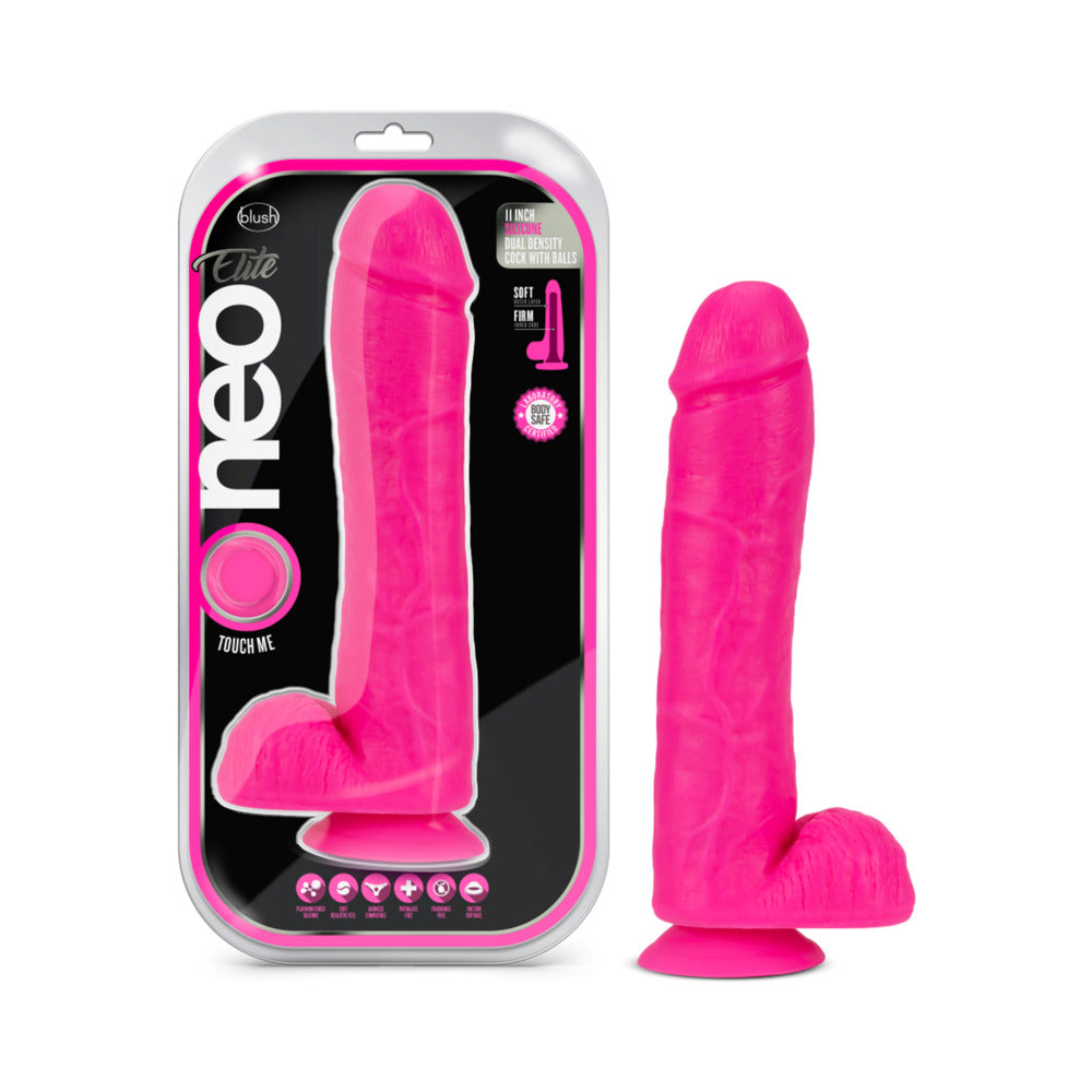 Blush Neo Elite 11 in. Silicone Dual Density Dildo with Balls & Suction Cup Neon Pink