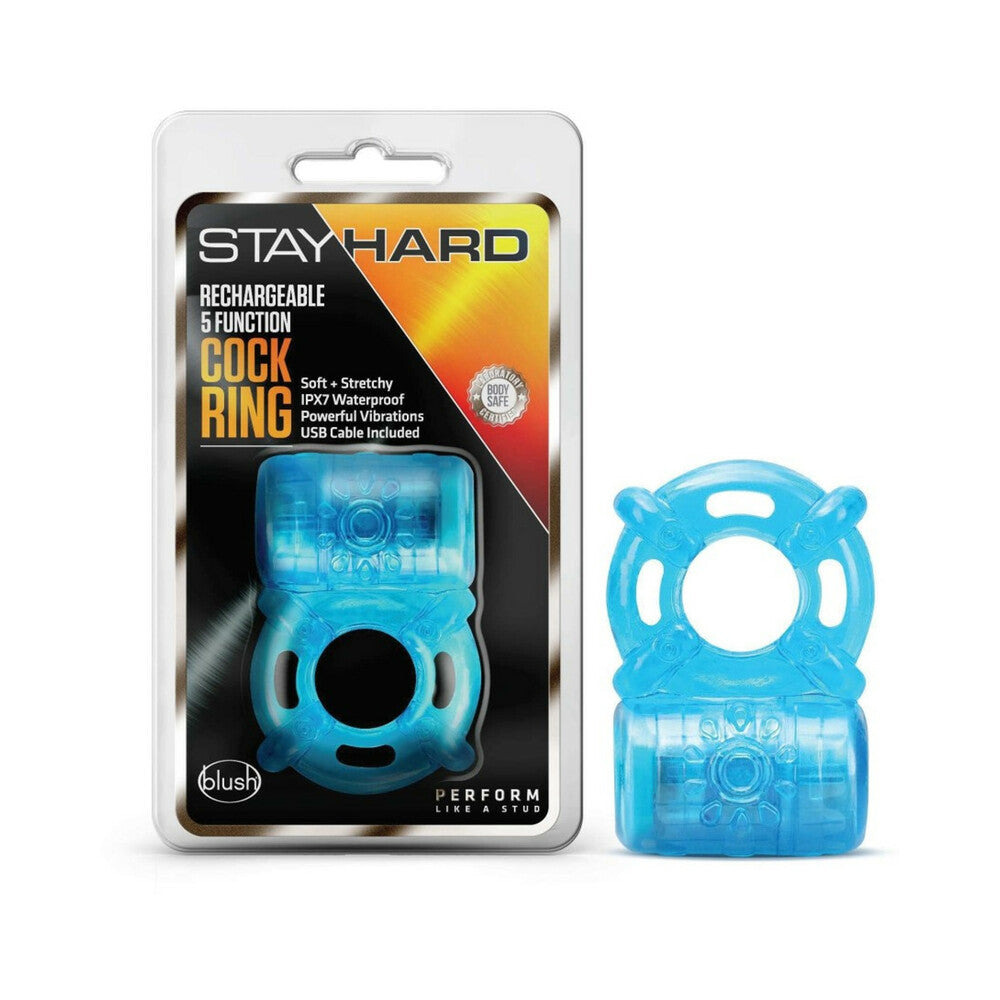 Blush Stay Hard Rechargeable 5 Function Vibrating Cockring Blue