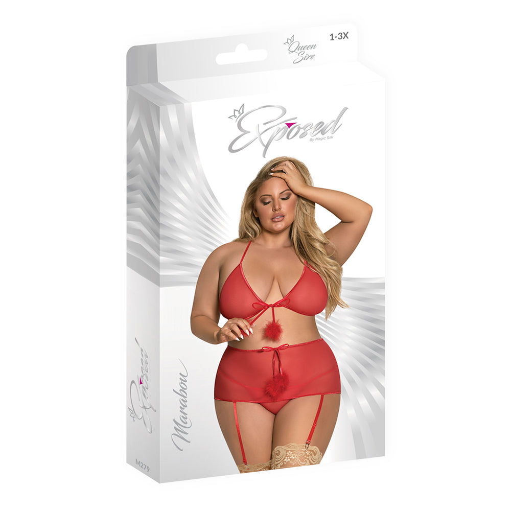 Magic Silk Marabou Bra, Garter Skirt & G-String Set Red QUEEN