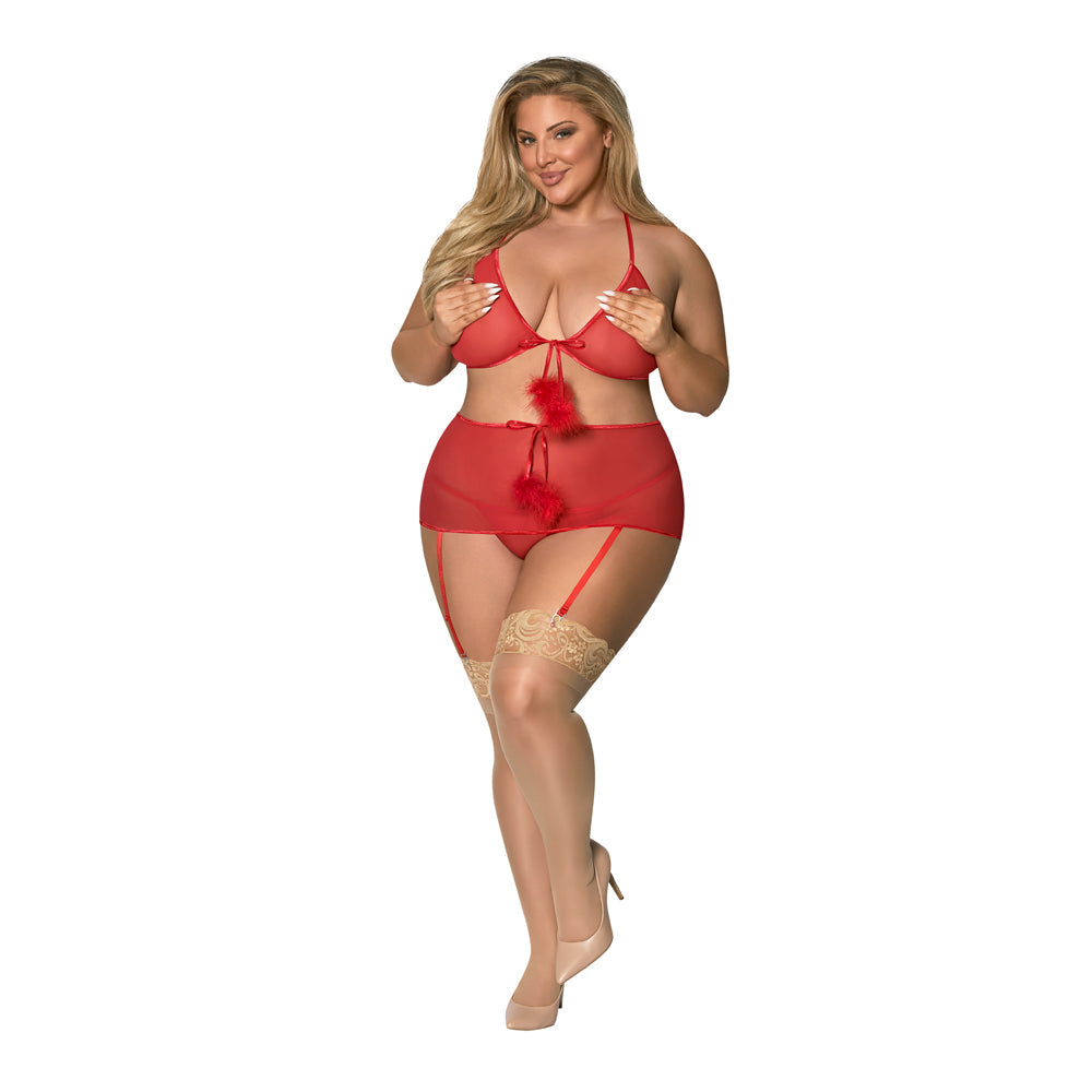 Magic Silk Marabou Bra, Garter Skirt & G-String Set Red QUEEN