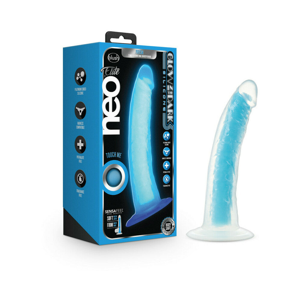 Blush Neo Elite Glow in the Dark Prysm 7 in. Silicone Dual Density Dildo with Suction Cup Neon Blue