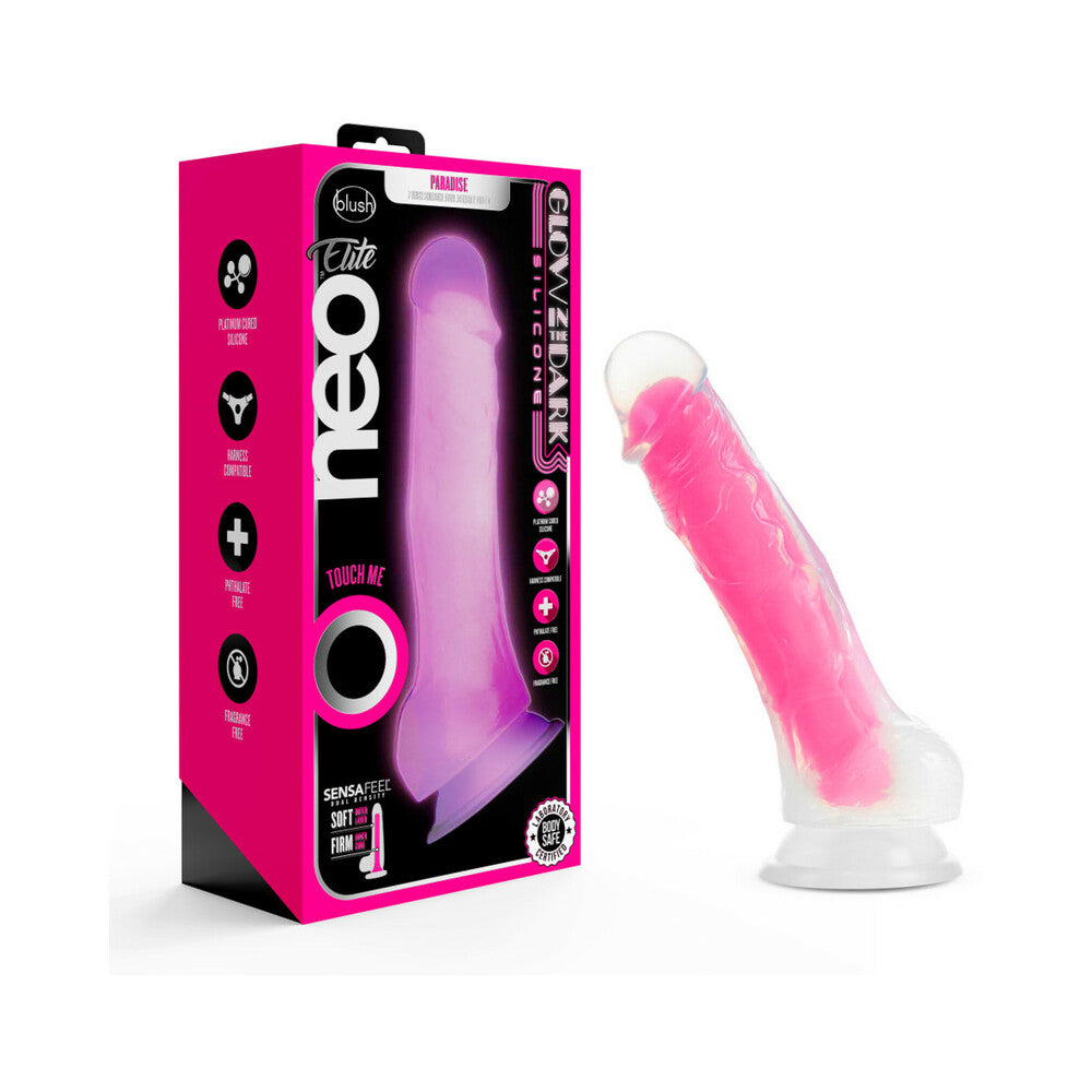 Blush Neo Elite Glow in the Dark Paradise 7 in. Silicone Dual Density Dildo with Suction Cup Neon Pink