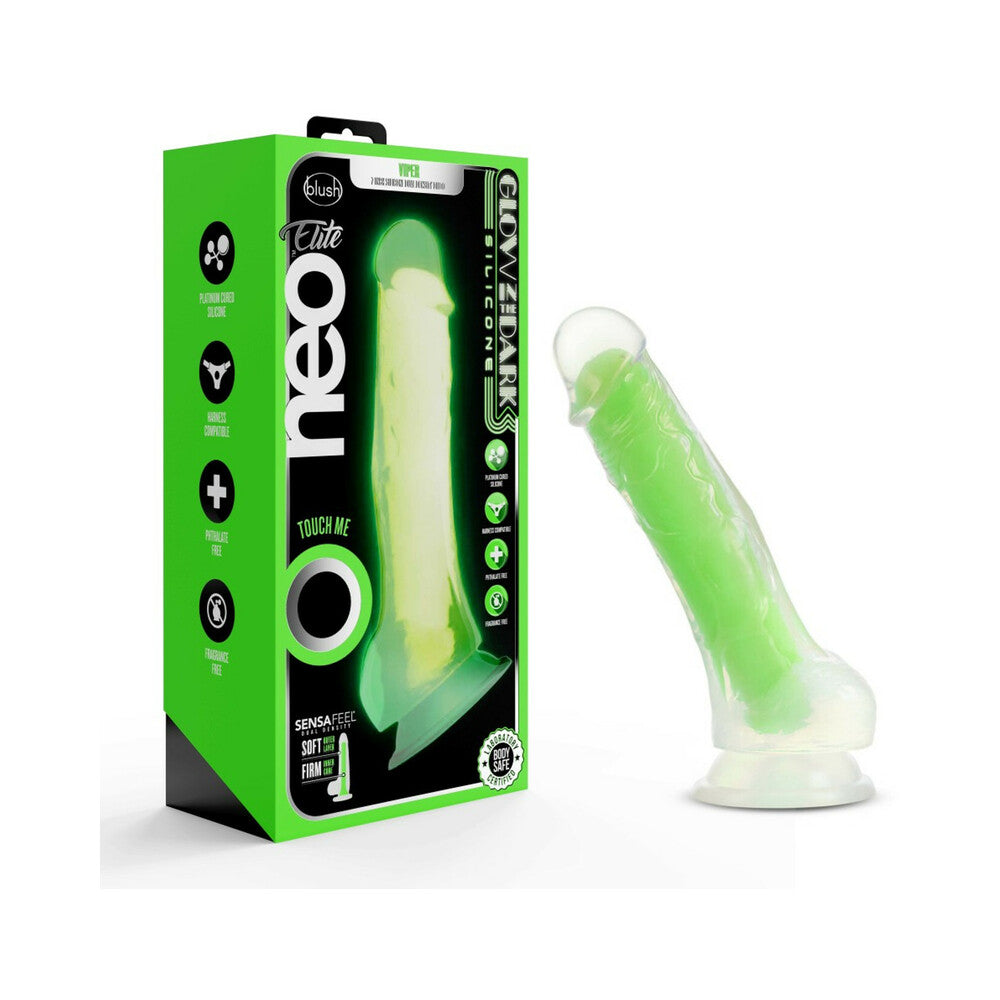 Blush Neo Elite Glow in the Dark Viper 7 in. Silicone Dual Density Dildo with Suction Cup Neon Green