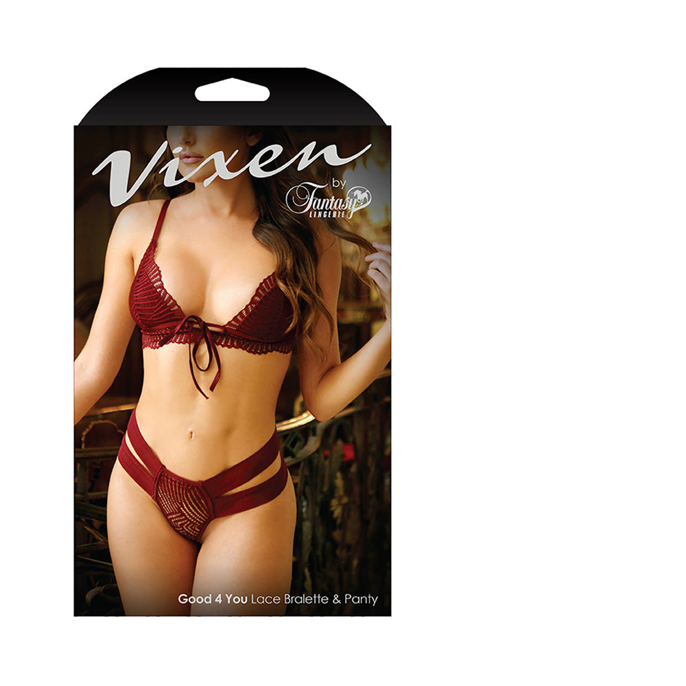 Fantasy Lingerie Vixen Good 4 You Lace Triangle Bralette & Matching Panty With Double-Strap Waistband Burgundy O/S