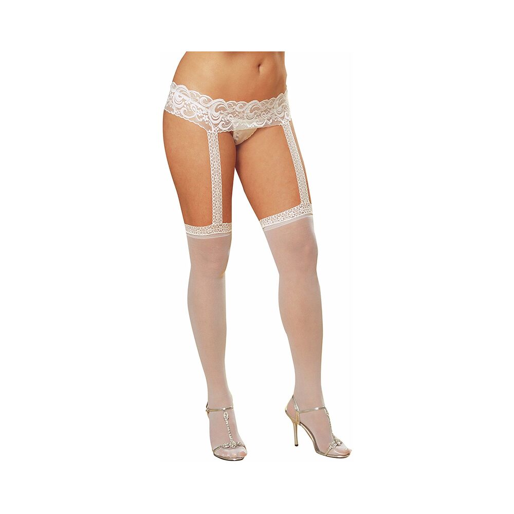 Dreamgirl Plus-Size Stretch Lace Suspender Garter Belt Pantyhose With Attached Sheer Thigh-High Stockings White Queen