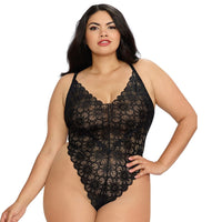 Dreamgirl Plus-Size Stretch Lace Teddy & Sheer Mesh Maxi Skirt With Adjustable Straps & G-String Black Queen 1X Hanging