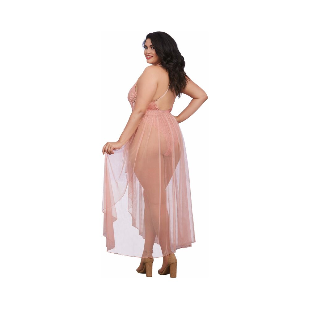 Dreamgirl Plus-Size Stretch Lace Teddy & Sheer Mesh Maxi Skirt With Adjustable Straps & G-String Rose Queen 2X Hanging
