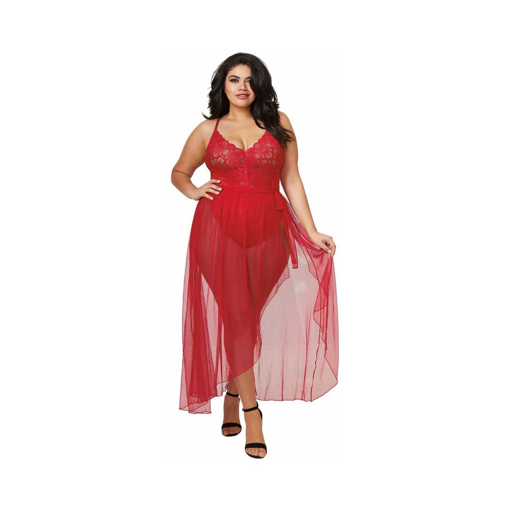 Dreamgirl Plus-Size Stretch Lace Teddy & Sheer Mesh Maxi Skirt With Adjustable Straps & G-String Rouge Queen 2X Hanging